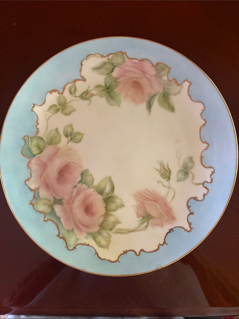 Vintage Hand-Painted Pink Rose Decorative Plate with Blue Border 10”